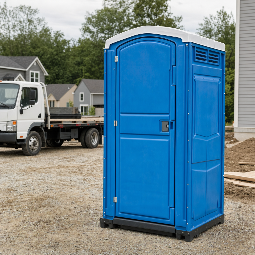 Delivery driver positioning a clean royal-blue portable toilet on level ground at a Mobile worksite