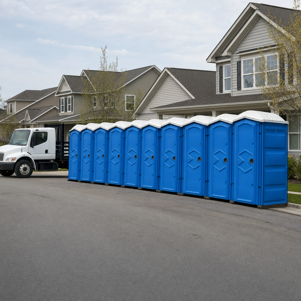 Royal blue portable toilets staged in a tidy row at a Mobile jobsite, ready for delivery